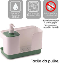 Carica l'immagine nel visualizzatore di Gallery, Snips Riordinello Porta Spugne Lavello Cucina 3 in 1, Dispenser Sapone 400 ml con Dosatore, Porta Strofinacci e Organizer Lavello, Accessorio Salvaspazio Cucina, 21 x 12 x 18 cm, Made in Italy