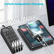 Carica l'immagine nel visualizzatore di Gallery, Caricatore USB 100 W, Stazione di Ricarica USB-A da Tavolo a 20 Porte