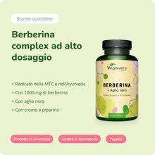 Carica l'immagine nel visualizzatore di Gallery, Berberina 1.000 mg | con Cromo, Pepe Nero e Aglio Nero | Berberine Pura e Naturale 97% da Berberis aristata | Vegan e Se