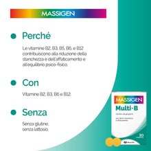 Carica l'immagine nel visualizzatore di Gallery, Massigen - Multi B, Integratore di Vitamine del Gruppo B, Riduce Stanchezza e Affaticamento, 30 Compresse, Senza Glutine