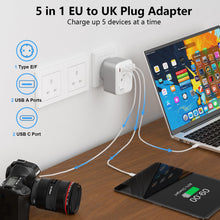 Carica l'immagine nel visualizzatore di Gallery, Adattatore presa Inglese da Viaggio, 5 in 1 Adattatore da Viaggio UK,con 2 USB A e 2 USB C, 3250W, Adattatore Tipo G per