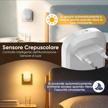 Carica l'immagine nel visualizzatore di Gallery, [2 Pezzi] Luce Notturna da Presa con Sensore Crepuscolare, 5 Livelli Dimmerabile, 3000K Bianco Caldo, Modalità ON/OFF/Au