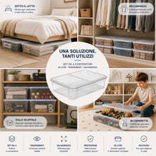 Carica l'immagine nel visualizzatore di Gallery, BAKAJI Set 4 Contenitori Sottoletto con Coperchio Trasparente, Storage Box Organizer Impilabile Salvaspazio Capiente e Robusto, Scatole Multiuso per Armadio, Vestiti, Stoccaggio Versatile