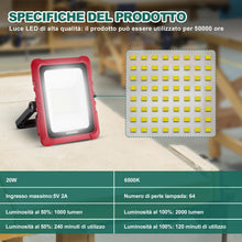 Carica l'immagine nel visualizzatore di Gallery, HYCHIKA Faro LED Ricaricabile 20 W 2000 lm 6500 K, Lampada Cantiere IP65