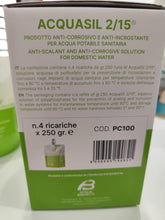 Carica l'immagine nel visualizzatore di Gallery, Liquido Acquabrevetti ACQUASIL 2/15® in sacche da 250 gr cadauna (4 sacche per box) per pompe dosatrici MiniDUE
