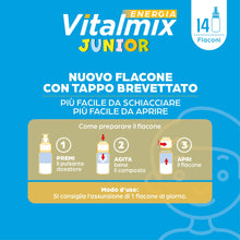 Carica l'immagine nel visualizzatore di Gallery, Vitalmix Energia Junior, Integratore per Bambini e Ragazzi, Sostegno Memoria e Difese Immunitarie, 14 Flaconcini Monodos