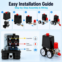 Carica l'immagine nel visualizzatore di Gallery, Pressostato per Compressore Aria 220V, Kit Accessori per Compressore con Regolatore di Pressione Aria, 2 Manometri, Racc
