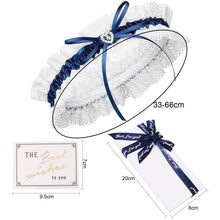 Carica l'immagine nel visualizzatore di Gallery, Giarrettiera da Sposa in Blu per Il Matrimonio, Nastro Decorato con Pzzo, Fiocco e Un Cuore Nobile Fatto di Bbrillantini