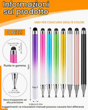 Carica l'immagine nel visualizzatore di Gallery, 8 Pezzi Penna Stilo 2 in 1, con Disco Trasparente e Silicone ad Alta Sensibilità, Pennino Capacitivo a Punta Fine per Ta