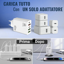 Carica l'immagine nel visualizzatore di Gallery, Caricatore USB C 65W GaN Ricarica Rapida Caricabatterie 5 Porte 3 USB + 2 USB C PD3.0 PPS Compatibile MacBook Air Pro De