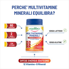 Carica l'immagine nel visualizzatore di Gallery, Equilibra Integratori Alimentari, Multivitamine e Minerali, a base di 12 Vitamine e 6 Minerali con Luteina, Indicato per