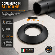 Carica l'immagine nel visualizzatore di Gallery, TYGERIX® Rosone Coprimuro Nero in Silicone da 120 e 125 mm | Rosetta Flessibile per Copertura Tubi di Caldaie Stufe e Qu