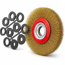 Carica l'immagine nel visualizzatore di Gallery, Topolenashop Spazzola Circolare per Mola da Banco 150 mm – Disco con Setole in Acciaio Ottonato e Adattatori Albero – pe