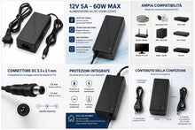 Carica l'immagine nel visualizzatore di Gallery, Alimentatore 12V 5A 60W AC/DC Stabilizzato, Trasformatore Switching con Cavo Rete e Connettore DC 5.5x2.1mm, per Strisce