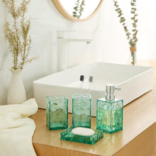 Carica l'immagine nel visualizzatore di Gallery, Set di accessori da bagno in acrilico trasparente, antiruggine, design trasparente, include dispenser di sapone, portaspazzolino, tazza, portasapone e scopino per WC, 5 pezzi (blu foglia di tè)