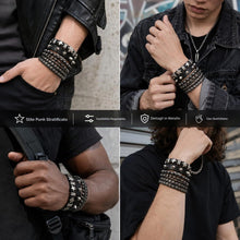 Carica l'immagine nel visualizzatore di Gallery, Set di 4 Bracciali Punk Rock in Similpelle Nera con Borchie, Stili a Giro Singolo e Triplo, Accessori Versatili per Outf