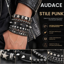 Carica l'immagine nel visualizzatore di Gallery, Set di 4 Bracciali Punk Rock in Similpelle Nera con Borchie, Stili a Giro Singolo e Triplo, Accessori Versatili per Outf
