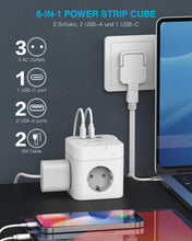 Carica l'immagine nel visualizzatore di Gallery, SUDEERY Ciabatta elettrica 6 in 1 con USB C, 3 prese, spina piatta con commutazione singola, multipresa cubo con cavo da