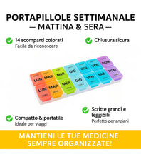 Carica l'immagine nel visualizzatore di Gallery, App Life Portapillole Settimanale Italiano Compatto – Organizer 7 Giorni con Scomparti Giornalieri Staccabili, 14 Scompa