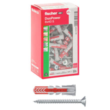 Carica l'immagine nel visualizzatore di Gallery, Fischer 50x Tasselli con Vite DuoPower 8 x 40 mm, per Muro pieno, Mattone Forato, Cartongesso, 537647