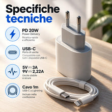 Carica l'immagine nel visualizzatore di Gallery, Caricatore iPhone 20W USB-C con cavo Lightning 1m, caricabatterie rapido PD, alimentatore compatibile con iPhone 14 13 1