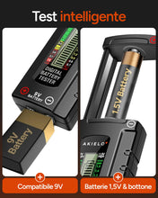 Carica l'immagine nel visualizzatore di Gallery, AKIELO+ Tester Digitale per Batterie – Display LCD di Facile Lettura – Nessuna Batteria Necessaria – Verificatore Univer
