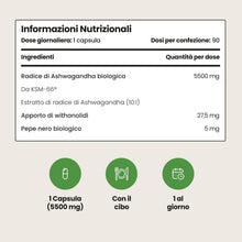 Carica l'immagine nel visualizzatore di Gallery, Ashwagandha KSM-66 Capsule Bio | 5500 mg Derivato da 550 mg di Estratto Alta Concentrazione in Polvere | 3 Mesi | Ashwag