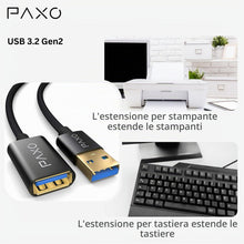 Carica l'immagine nel visualizzatore di Gallery, PAXO Prolunga USB 0,5 m, 10 Gbit/s (1,25 GByte/s), USB 3.2 Gen2 (3.0, 3.1), cavo di prolunga USB, da spina A a presa A, 
