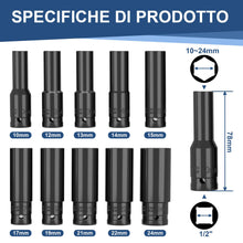 Carica l'immagine nel visualizzatore di Gallery, 10 Pezzi Chiavi a Bussola Lunghe 1/2, 10-24mm Bussole a Impulsi