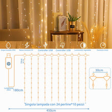 Carica l'immagine nel visualizzatore di Gallery, 3M * 3M Tenda Luminosa, 300 LED USB 8 modalità di Illuminazione con Timer e Telecomando, Esterno e Interno Addobbi, Cate