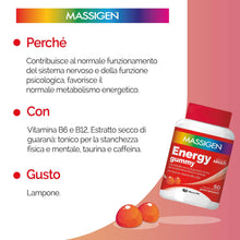 Carica l'immagine nel visualizzatore di Gallery, Massigen - Energy Gummy, Integratore Alimentare con Guaranà e Caffeina, Vitamine Gommose per Adulti, Gusto Lampone, 60 C
