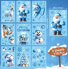 Carica l'immagine nel visualizzatore di Gallery, AhfuLife 173 Pezzi di Vetrofanie Natalizie per Finestre, 9 Fogli di Adesivi Blu Autoadesivi Riutilizzabili a Doppio Lato, Babbo Natale, Pupazzo di Neve e Albero per Decorazioni Natalizie
