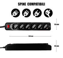 Carica l'immagine nel visualizzatore di Gallery, V-TAC Multipresa Elettrica Nera 6 Prese con Interruttore e Cavo da 1,5 Metri - 5 Prese 10/16A Bipasso + Schuko - Spina 1
