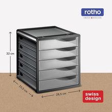 Carica l'immagine nel visualizzatore di Gallery, Rotho Spacemaker Cassettiera/scatola da ufficio con 5 cassetti, Plastica (PS) senza BPA, trasparente/nero, 33,5 x 28,5 x 32,0 cm