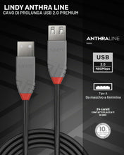 Carica l'immagine nel visualizzatore di Gallery, Lindy - Cavo Prolunga USB 2.0 Anthra Line 3 Metri, Connettore USB Tipo A Maschio a Femmina, velocità di Trasferimento Da