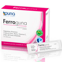 Carica l'immagine nel visualizzatore di Gallery, GUNA Ferroguna 28 Bustine Orosolubili - Integratore Alimentare a Base di Ferro, Rame, Vitamina C, con Polpa Disidratata 