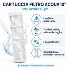 Carica l'immagine nel visualizzatore di Gallery, AQUASKUDO - Cartuccia Filtrante Rete Lavabile in Nylon 10 Pollici - 60 µ per Contenitore Filtro. Made in Italy