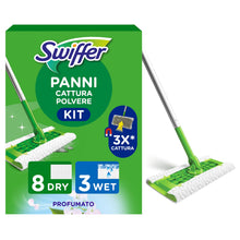 Carica l'immagine nel visualizzatore di Gallery, Swiffer Starter Kit Manico Scopa + 8 Panni Pavimenti + 3 Lavapavimenti