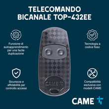 Carica l'immagine nel visualizzatore di Gallery, CAME Telecomando TOP-432EE bicanale nero multiutenza codice fisso con autoapprendimento, 433,92 MHz, batteria CR2032 inc