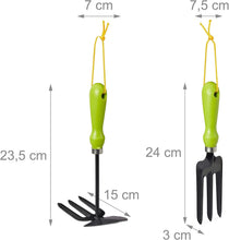 Carica l'immagine nel visualizzatore di Gallery, Relaxdays Set Attrezzi Giardino, Kit da 4 pz., Tridente, Rastrello, Paletta &amp; Zappetta, Giardinaggio, Ferro, verde