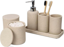 Carica l'immagine nel visualizzatore di Gallery, ZCCZ Set Bagno Accessori Completo 6 pezzi - Kit con Dispenser Sapone, Porta Spazzolino, Supporti Qtip, Bicchiere e Vassoio Vanità - Accessori Moderni per Bagno Elegante - Beige