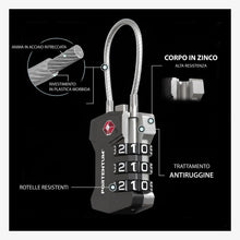 Carica l'immagine nel visualizzatore di Gallery, PORTENTUM Lucchetto TSA omologato con combinazione a 3 cifre – Lucchetto valigia aereo con cavo flessibile e portachiavi