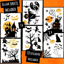 Carica l'immagine nel visualizzatore di Gallery, Haus Projekt 53 Pezzi Adesivi Halloween Finestre Riutilizzabili, 8 Fogli A4