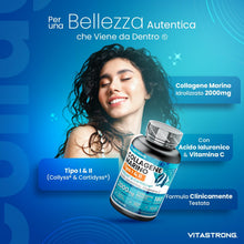 Carica l'immagine nel visualizzatore di Gallery, Collagene Marino Idrolizzato 2000mg Tipo I e II, Acido Ialuronico, 180 cpr