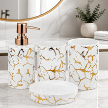 Carica l'immagine nel visualizzatore di Gallery, Set di accessori per il bagno, 4 pezzi, set di accessori da bagno in ceramica di lusso, 2 portaspazzolino/bicchiere + dispenser di sapone liquido o lozione con pompa oro rosa + portasapone