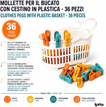 Carica l'immagine nel visualizzatore di Gallery, IPEA Mollette per il Bucato con Cestino in Plastica - 36 PEZZI - Super Leggero con Ganci - Mollette Colorate con Cestello per Appendere e Stendere Vestiti, Biancheria, Accessori - Stendibiancheria