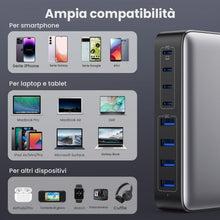 Carica l'immagine nel visualizzatore di Gallery, 200W Caricatore USB C Multiplo, GaN III 8-Port 65W Caricabatterie PPS PD QC Alimentatore USB C Multipla Stazione di Rica