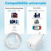 Carica l'immagine nel visualizzatore di Gallery, Caricatore per iPhone 20W USB C Rapido Caricabatterie con Cavo USB-C Light-ning 2M, PD3.0 Tipo C Adattatore Spina Alimen