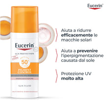 Carica l'immagine nel visualizzatore di Gallery, Eucerin Pigment Control Sun Fluid SPF 50+ 50 ml, Crema solare viso 50+ con filtri UVA/UVB, Protezione solare viso 50+ an