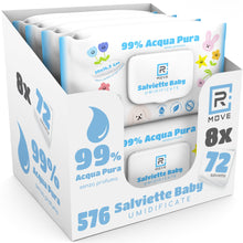 Carica l'immagine nel visualizzatore di Gallery, R MOVE 576 salviette neonato umidificate acqua pura 99%, 8 confezioni da 72 salviettine bambini water, coperchio salvafr
